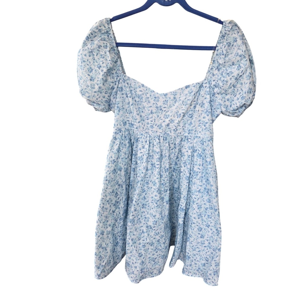 Altar'd State Davinly Floral Mini Dress Blue White Puff Sleeve Cotton Medium - Picture 2 of 7
